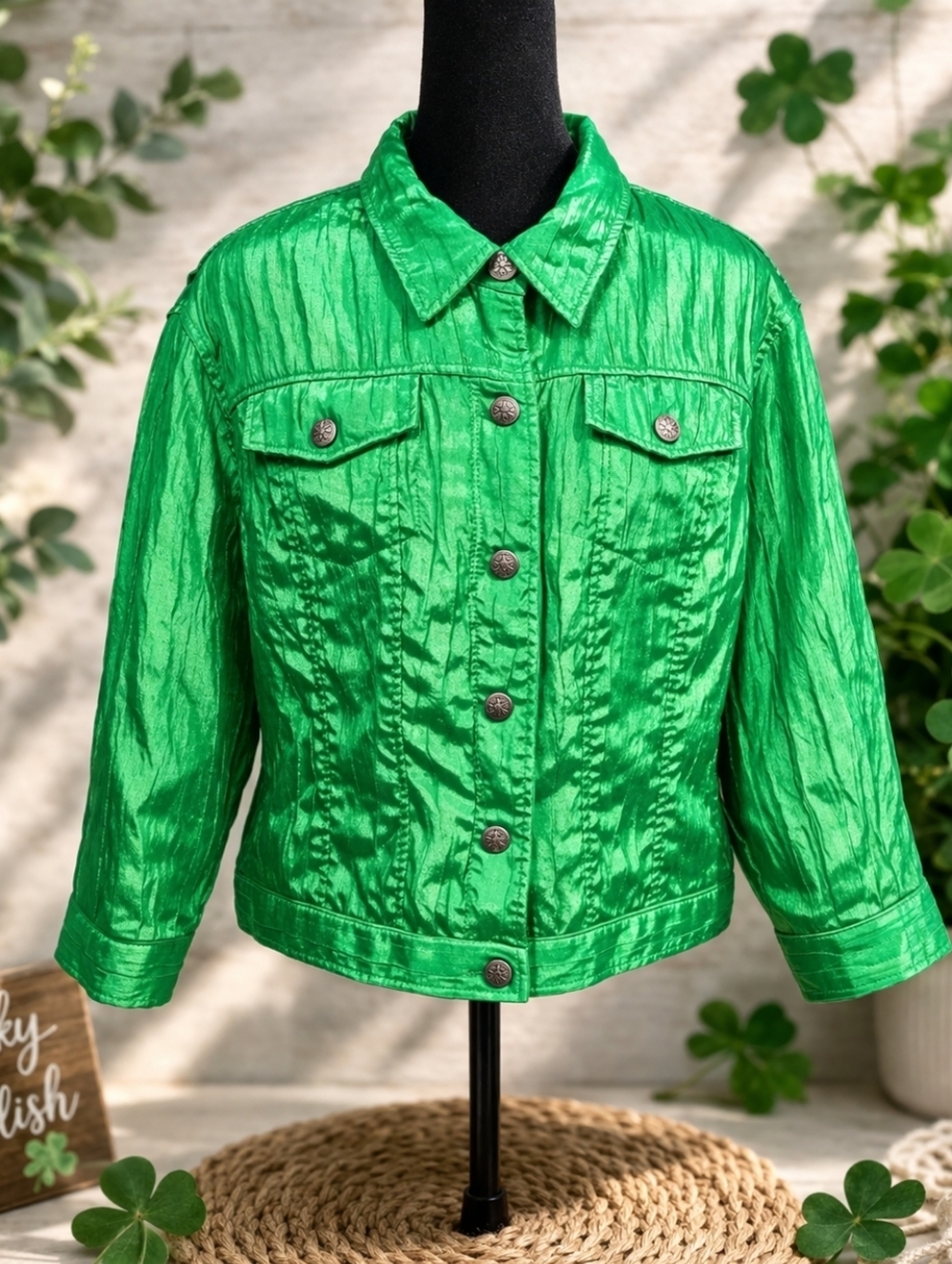 Ruby Rd Emerald Green Textured Satin Jacket Womens 14 Cropped Shiny Button